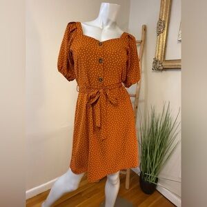 Monteau Sz Medium Button polka dot Midi Dress Boho burnt orange/brown rust